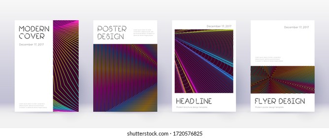 Minimal brochure design template set. Rainbow abstract lines on wine red background. Artistic brochure design. Extraordinary catalog, poster, book template etc.
