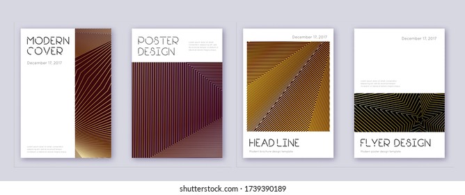 Minimal brochure design template set. Gold abstract lines on bordo background. Appealing brochure design. Ecstatic catalog, poster, book template etc.