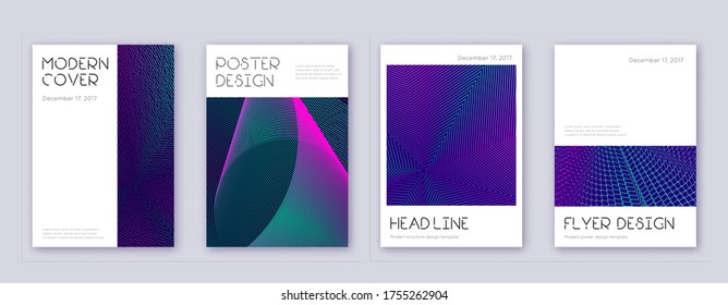 Conjunto mínimo de plantillas de diseño de folleto. Líneas abstractas neón sobre fondo azul oscuro. Atractivo diseño de folletos. Catálogo óptimo, afiche, plantilla de libro, etc.