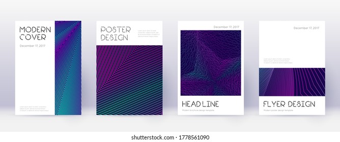 Minimaler Prospektdesign-Template-Satz. Neon abstrakte Linien auf dunkelblauem Hintergrund. Ansprechendes Broschürendesign. Beliebter Katalog, Poster, Buchvorlage etc.