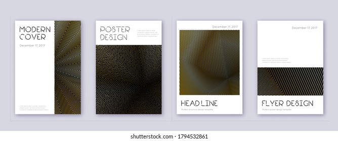 Minimal brochure design template set. Gold abstract lines on black background. Appealing brochure design. Alluring catalog, poster, book template etc.