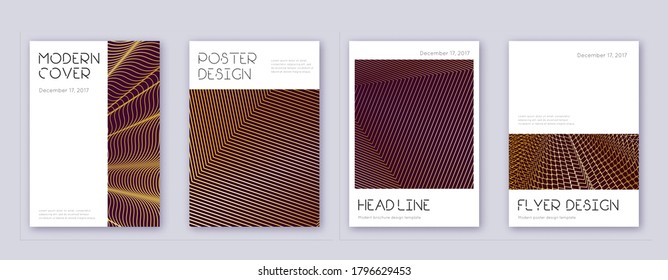 Minimal brochure design template set. Gold abstract lines on bordo background. Appealing brochure design. Divine catalog, poster, book template etc.