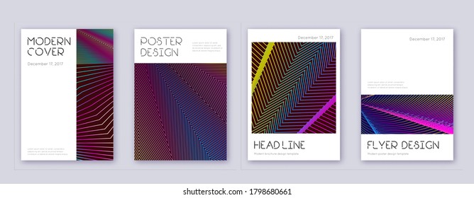 Minimal brochure design template set. Rainbow abstract lines on wine red background. Artistic brochure design. Delicate catalog, poster, book template etc.