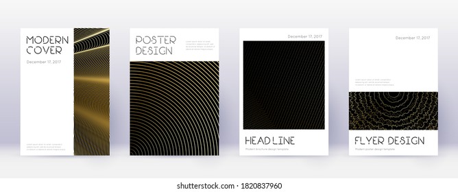 Conjunto mínimo de plantillas de diseño de folleto. Líneas abstractas de oro sobre fondo negro. Atractivo diseño de folletos. Catálogo curioso, afiche, plantilla de libro, etc.