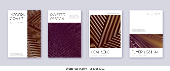 Minimal brochure design template set. Gold abstract lines on bordo background. Appealing brochure design. Delicate catalog, poster, book template etc.