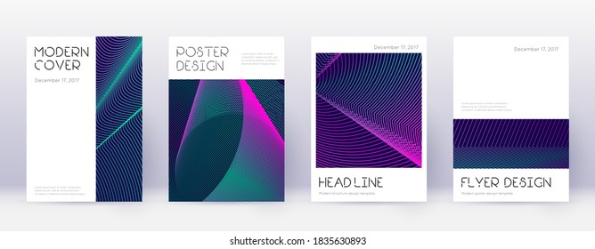 Conjunto mínimo de plantillas de diseño de folleto. Líneas abstractas neón sobre fondo azul oscuro. Atractivo diseño de folletos. Catálogo, afiche, plantilla de libros raros, etc.