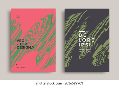 Minimal brochure layout with optical fluid line. Cover page design template. Black and green, red striped background. Vector