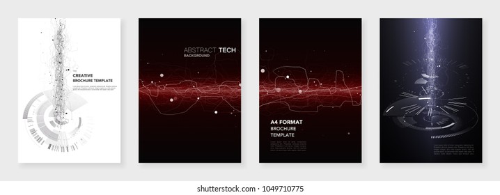 Minimal brochure templates. Abstract digital texture on dark background. Technology sci-fi concept, abstract vector design. Templates for flyer, leaflet, brochure, report, presentation, advertising.