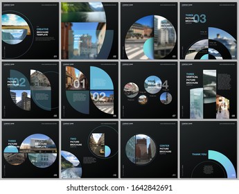 Minimal brochure templates with blue color circles, round shapes. Travel covers design templates for square flyer, leaflet, brochure, report, presentation, blog, advertising, magazine for blogging.