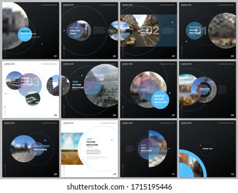 Minimal brochure templates with blue color circles, round shapes. Covers design templates for square flyer, leaflet, education brochure, report, presentation, advertising, magazine, school project