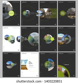 Minimal brochure templates with circle elements on black background. Templates for flyer, leaflet, brochure, report, presentation, advertising.