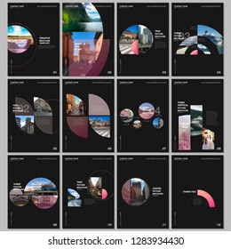 Minimal brochure templates with circles, round elements on black background. Covers design templates for flyer, leaflet, brochure, report, presentation, advertising, magazine.