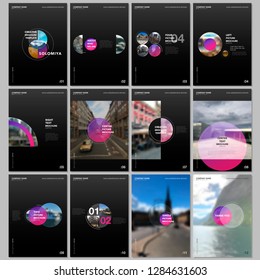 Minimal brochure templates with circles, round elements on black background. Covers design templates for flyer, leaflet, brochure, report, presentation, advertising, magazine