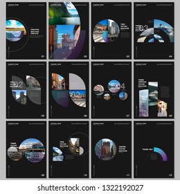 Minimal brochure templates with colorful circles, round elements on black background. Covers design templates for flyer, leaflet, brochure, report, presentation, advertising, magazine