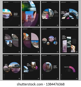 Minimal brochure templates with colorful circles, round elements on black background. Covers design templates for flyer, leaflet, brochure, report, presentation, advertising, magazine