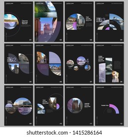 Minimal brochure templates with colorful circles, round elements on black background. Covers design templates for flyer, leaflet, brochure, report, presentation, advertising, magazine.