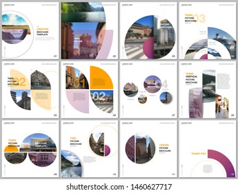 Minimal brochure templates with colorful circles, round shapes. Travel covers design templates for square flyer, leaflet, brochure, report, presentation, blog, advertising, magazine for blogging.