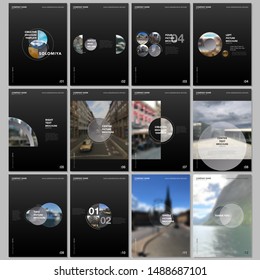 Minimal brochure templates with colorful circles, round elements on black background. Covers design templates for flyer, leaflet, brochure, report, presentation, advertising, magazine.