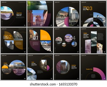 Minimal brochure templates with colorful circles, round shapes. Travel covers design templates for square flyer, leaflet, brochure, report, presentation, blog, advertising, magazine for blogging.