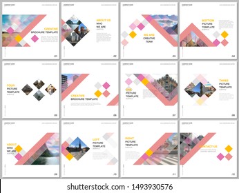 Minimal brochure templates with colorful cubes, trendy geometric abstract background. Covers design templates for square flyer, leaflet, brochure, report, presentation, advertising, magazine.