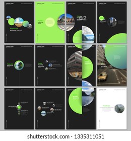 Minimal brochure templates with colorful gradient shapes, circles, round elements on black background. Covers design templates for flyer, leaflet, brochure, report, presentation, advertising, magazine