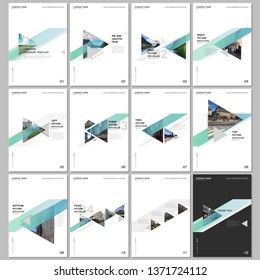 Minimal brochure templates with colorful gradient trangles and triangular shapes on white background. Covers design templates for flyer, leaflet, brochure, report, presentation, advertising, magazine.