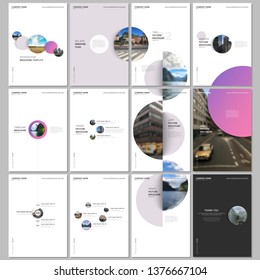 Minimal brochure templates with colorful gradient shapes, circles, round elements on white background. Covers design templates for flyer, leaflet, brochure, report, presentation, advertising, magazine