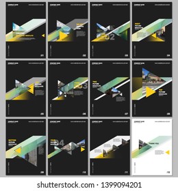 Minimal brochure templates with colorful gradient trangles and triangular shapes on black background.. Covers design templates for flyer, leaflet, brochure, report, presentation, advertising, magazine