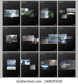 Minimal brochure templates with colorful gradient rectangles and square shapes on black background. Covers design templates for flyer, leaflet, brochure, report, presentation, advertising, magazine.