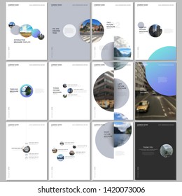 Minimal brochure templates with colorful gradient shapes, circles, round elements on white background. Covers design templates for flyer, leaflet, brochure, report, presentation, advertising, magazine