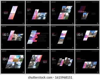 Minimal brochure templates with colorful gradient geometric background. Covers design templates for square flyer, leaflet, brochure, report, presentation, advertising, magazine.