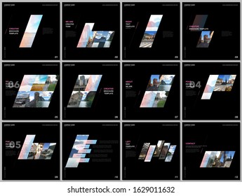 Minimal brochure templates with colorful gradient geometric background. Covers design templates for square flyer, leaflet, brochure, report, presentation, advertising, magazine.