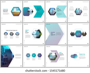 Minimal brochure templates with colorful hexagonal design background, hexagon style pattern. Covers design templates for square flyer, leaflet, brochure, report, presentation, advertising, magazine.