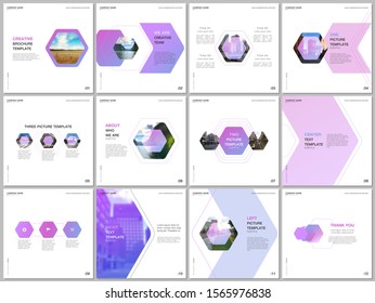 Minimal brochure templates with colorful hexagonal design background, hexagon style pattern. Covers design templates for square flyer, leaflet, brochure, report, presentation, advertising, magazine.