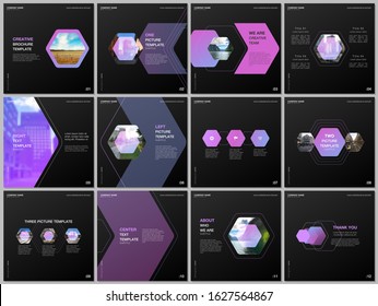 Minimal brochure templates with colorful hexagonal design background, hexagon style pattern. Covers design templates for square flyer, leaflet, brochure, report, presentation, advertising, magazine.