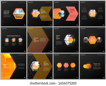 Minimale Broschüren mit bunten, hexagonalen Designhintergrund, Hexagon-Muster. Umfasst Designvorlagen für Quadratflyer, Broschüren, Broschüren, Berichte, Präsentationen, Werbung, Magazine.