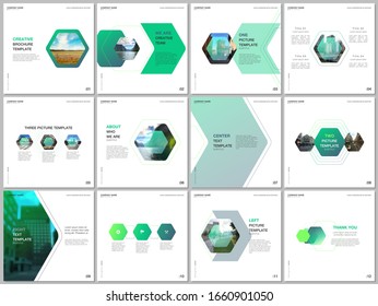 Minimal brochure templates with colorful hexagonal design background, hexagon style pattern. Covers design templates for square flyer, leaflet, brochure, report, presentation, advertising, magazine.