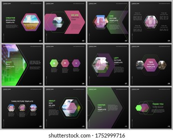 Minimale Broschüren mit bunten, hexagonalen Designhintergrund, Hexagon-Muster. Umfasst Designvorlagen für Quadratflyer, Broschüren, Broschüren, Berichte, Präsentationen, Werbung, Magazine.