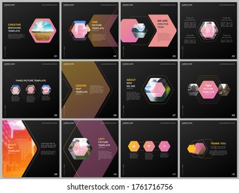 Minimal brochure templates with colorful hexagonal design background, hexagon style pattern. Covers design templates for square flyer, leaflet, brochure, report, presentation, advertising, magazine.