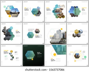 Minimal brochure templates with colorful hexagons, hexagonal shapes. Covers design templates for square flyer, brochure, presentation, social media advertising, online seminar, digital education.