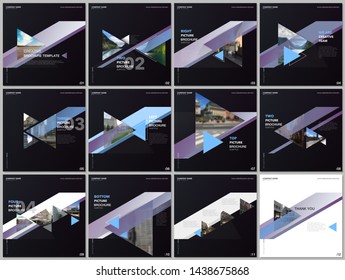 Minimal brochure templates with colorful triangles, triangular shapes. Covers design templates for square flyer, brochure, presentation, social media advertising, online seminar, digital education.