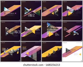 Minimal brochure templates with colorful triangles, triangular shapes. Covers design templates for square flyer, brochure, presentation, social media advertising, online seminar, digital education.