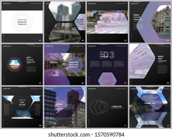 Minimal brochure templates with hexagonal design violet color pattern background. Covers design templates for square flyer, leaflet, brochure, report, presentation, advertising, magazine.