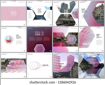 Minimal brochure templates with hexagonal design red color pattern background. Covers design templates for square flyer, leaflet, brochure, report, presentation, advertising, magazine.