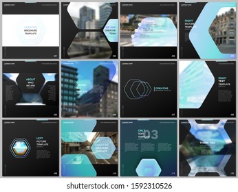 Minimal brochure templates with hexagonal design blue color pattern background. Covers design templates for square flyer, leaflet, brochure, report, presentation, advertising, magazine.