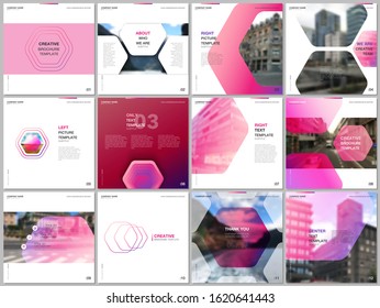 Minimal brochure templates with hexagonal design pink color pattern background. Covers design templates for square flyer, leaflet, brochure, report, presentation, advertising, magazine.