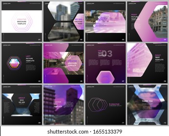 Minimal brochure templates with hexagonal design purple color pattern background. Covers design templates for square flyer, leaflet, brochure, report, presentation, advertising, magazine.