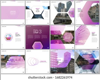 Minimal brochure templates with hexagonal design purple color pattern background. Covers design templates for square flyer, leaflet, brochure, report, presentation, advertising, magazine.