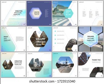 Minimal brochure templates with hexagonal design background, hexagon style pattern. Covers design templates for square flyer, leaflet, brochure, report, presentation, advertising, magazine.
