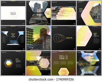 Minimal brochure templates with hexagonal design yellow color pattern background. Covers design templates for square flyer, leaflet, brochure, report, presentation, advertising, magazine.